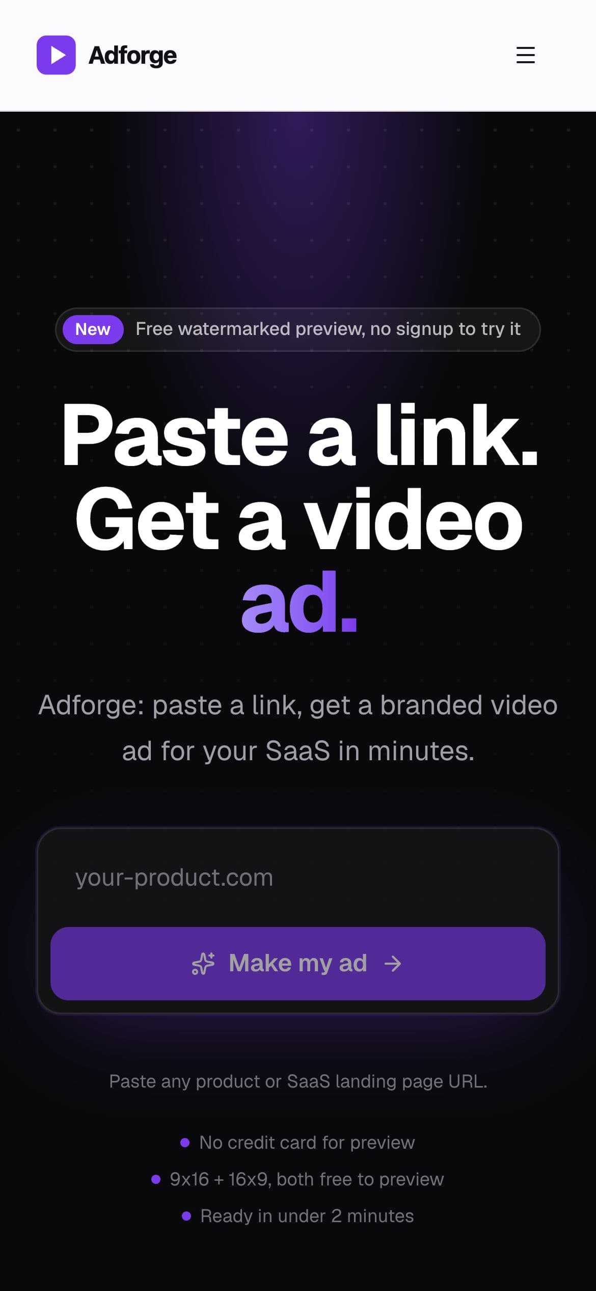 Adforge home page on a phone