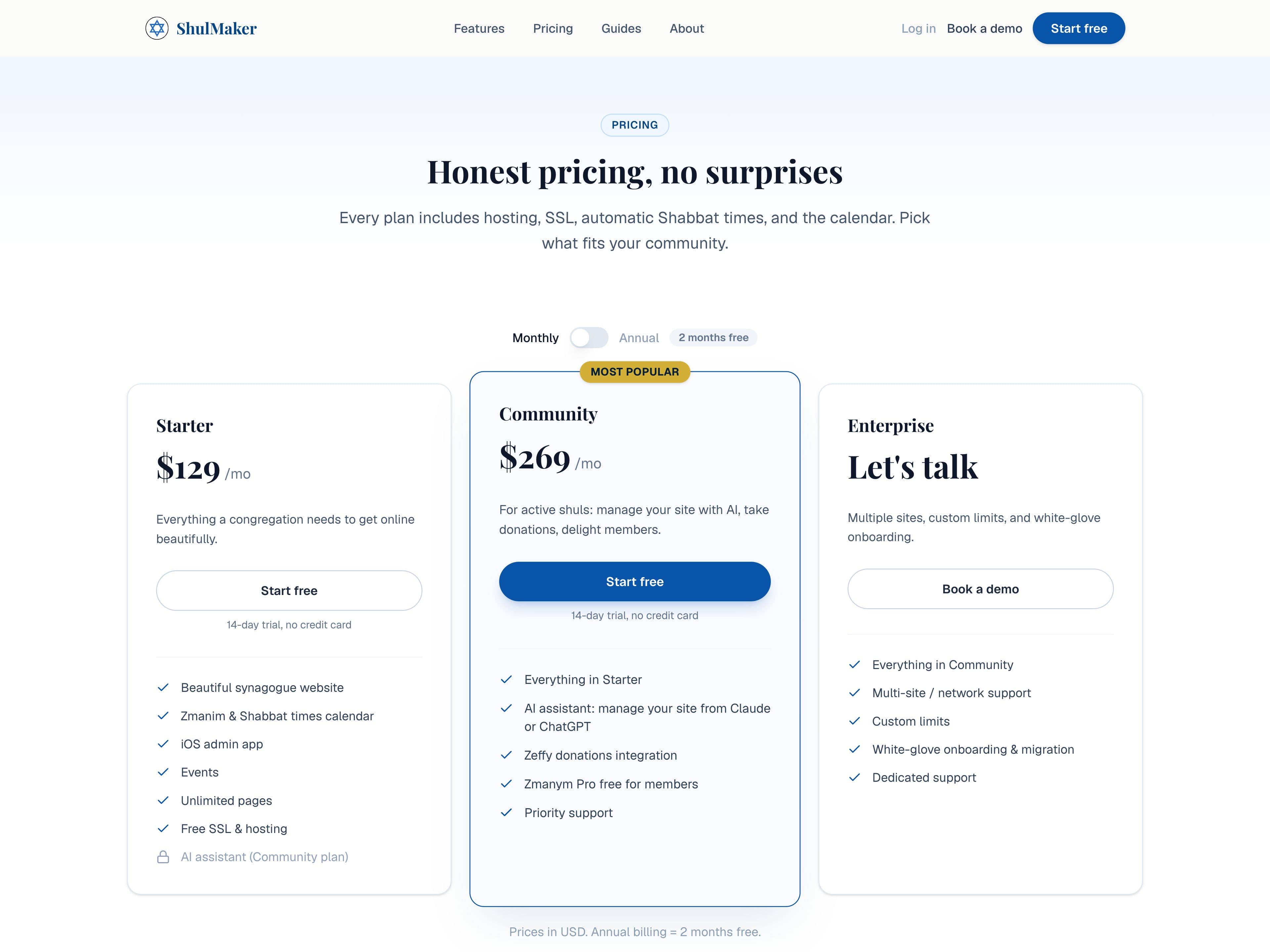 ShulMaker: Pricing